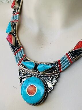 New Chunky Tibetan-Style Turquoise & Coral Inlay Necklace Silver-Tone Filigree
